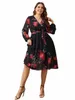 Chic Plus taille floral imprime V cou midi millé celle des femmes Vêtements décontractés noire lg manche de manche élégante vintage dres m8do #