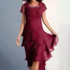 Lässige Kleider, Chiffon-Kleid, kurzärmelig, Midi, elegantes Perlendekor, O-Ausschnitt, geschichteter Kuchensaum, fließender Party-Hochzeitsgast