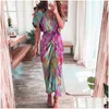 Urban Sexy Vestidos Festa Elegante Mulheres Verão Moda Impresso Camisa de Manga Curta Vestido Vintage Cintura Tie-Up Botão Bandage Longo Robe Dhfbp