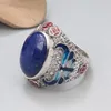 Küme halkaları emaye lapis lazuli oval yüzük erkekler için kadınlar retro etnik 925 sterling gümüş içi boş geniş ayarlanabilir parmak takı jz099