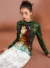 Women's T Shirts Oil Painting Strong Elastic Slim Long Sleeved T-Shirt Retro Spring And Autumn