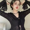 Hotsweet Black See Through Cardigans Femmes Été Nouveau Slim Fit Mince Flare Manches À Lacets Cardigan Tops Mujer x7Vf #