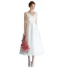 Luxiyiao LO122 Nueva boda simple Dr Satin Tea Longitud Sleevel V cuello nupcial Dres 2021 Vestidos de Boda Novia N9bJ #