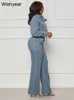 elegant Denim Two Piece Set Women Lg Sleeve Butts Drawstring Jackets Crop Top Wide Leg Pants Jeans Suits Streetwear Outfit 33AO#