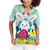 2024 Scrub Tops Giorno di Pasqua Donna Scollo a V Bunny Egg PrintTop T-shirt da lavoro allattata Camicetta con tasche Uniforme medica 98SZ #