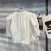 女性のTシャツビンテージブラックパッチワークダイヤモンドシャツvネックパフ短袖韓国のスリムファッション女性ブラウス2022衣類24329