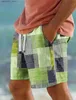 Мужские шорты в клетку с цветными блоками, мужские курортные шорты с геометрическим рисунком и 3D-принтом, эластичная удочка для плавания, эластичный пляж для отдыха в гавайском стиле Q240329