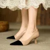 Casual schoenen Franse patchwork bruin ondiepe enkele dames retro bijpassende kleur puntige tenen zacht leer hoge hak vrouwelijke zapatos