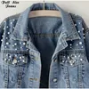 Designer Pearl Beading Black Short Jean Jackets Korean Chi Street Jeans Jacket Chi Cott Collar Blue White Croped Denim Coat 49MF#