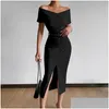 Basic & Casual Dresses Off Shoder Bodycon Women 2022 Summer Slim Long Split Dress Ladies Vintage Party With Belt Drop Delivery Appare Dhnt7