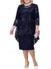 FSMG плюс размер женское вечернее платье модное однотонное с круглым вырезом с высокой талией и кружевной вышивкой из двух предметов облегающий комплект 240329