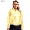 Jaquetas femininas Mulheres Holográfica Metálica Brilhante Bomber Jaqueta Hip Hop Disco Dance Manga Longa Zíper Frontal Listrado Banda Outerwear Beisebol