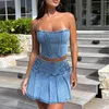 Work Dresses Echoine Strapless Crop Top And Pleated Mini Skirt Denim Split Two Piece Set Sexy Party Clubwear Women Girl Outfits