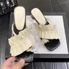 Terlik Kadınların Klip Ayak Tip Yüksek Topuk 2024 Yaz Dantel Kristal Tasarım Kare Sandal Moda Seksi Parti Kadınlar Ayakkabı Altın Gümüş