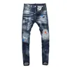 High Street Fi Hommes Jeans Rétro Bleu Stretch Slim Fit Peint Ripped Jeans Hommes Patché Designer Hip Hop Marque Pantalon Hombre 06v1 #