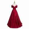 Soirée Dr Red Red Sleeves Pleat-Helfurgle Lace Up Up A-Line Elegant Boat Neck Satin Nouvelle fête Dres Femme B2745 M300 #