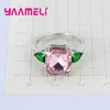 Cluster Rings Brand Green Leaf Flower Shape Crystal Pink Stone Sweet Romantic Style 925 Sterling Silver For Girl Gift