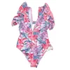 Maillots de bain pour femmes Summer One Piece Beachwear Élégant Col V Volants Manches Maillot de bain pour femmes à lacets Monokini