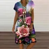 Casual Jurken Zomer Damesjurk Voor Vintage 3D Bloemenprint A-lijn Korte Mouw V-hals Oversized Dameskleding Zonnejurk vestidos