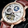 Wristwatches Kinyued Mens Skeleton Automatic Mechanical Watch Moon Phase Two Time Fashion Man Wrist Watches Waterproof Leather Strap Watch 24329