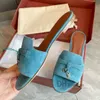 Loro P Zapatillas para mujer Diseñador Sandalias planas de verano para caminar Zapatillas de playa Cerradura de cuero de punto Mocasines decorativos para exteriores 35-42