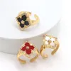 Natural Shell Clover Luxury Designer Bang Rings for Women With Shining Bling Crystal Lucky 18K Gold Open Love Ring Jewelry2452