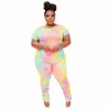 cm.yaya Active Wear Plus Size XL-4XL Tie Dye Print Damen Set T-Shirt Stacked Pants Anzug Trainingsanzug Zweiteiliges Set Fitn Outfit Z893#