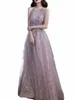 Sexy halteravond dres met kwast kralen 2024 licht paarse appliques a-line vloerlengte tule backl lg prom jurken c0pi#