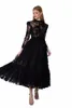 Black Evening Dr Tea-Length Lace Prom Dr Party Dr High Neck LG ärmar En linje Cocktail Bridesmaid Aftonklänningar x1ji#