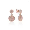 Boucles d'oreilles pendantes en zircone cubique scintillante, or Rose, fleur ronde pour femmes, Piercing, bijoux de luxe, cadeau d'anniversaire