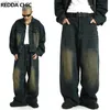 Men's Jeans REDREACHIC Large Green Skateboard Wash Mens Pocket Jeans Adjustable Waist 90s Retro Y2k Wide Pants Hip Hop Trousers Casual WorkwearL2403