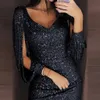 2024 Nuevas mujeres Sexy Dres Glitter Sparkly Lentejuelas Borla Mangas V Cuello Club Mini Flaco Sundr Elegante Fiesta de las señoras Dres p2HY #