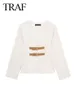 traf 2024 Spring Woman's Fi Casual Beige Cardigan Sweater Coat V-Neck Lg Sleeves With Belt Knitted Crop Tops Streetwear 83qs#