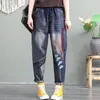 Damesjeans Ruimvallend Grote maten Dames Elastisch Etnische stijl Hoge taille Harenbroek Vrouwelijk Geborduurd Patchwork Appliqué Negenkwart