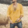 Men's Casual Shirts Mens Long Sleeve Tops Cotton Linen V-Neck T Shirt