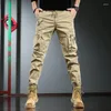 Pantalones de hombre de color caqui de algodón cargo moda táctica streetwear casual multi bolsillo elástico cintura pantalones