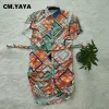 cm.yaya Women Fr Geometric Print Blouse Shirts Style Plus Size Dr Vintage Streetwear Lg Sleeve Butt Up Ruched Dres F453#