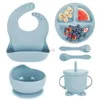 Tasses Vaisselles Ustensiles Vaisselle pour enfants Ensemble Vaisselle en silicone pour bébé 6 pièces Ensemble Sucker Bol Bavoir Tasse Fourchette Cuillère Ensemble Fournitures maternelles et infantiles Sans BPA 240329