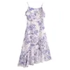 Casual Dresses 2024 Bazaleas Sexiga ruffles Split Lady Dress Elegant Blue Floral Print Party Chiffon Spaghetti Straps Summer