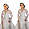 arabski aso ebi cekinowany syrena ślub Dr Znakomita Sheer Szyja koronkowa LG rękawy ślubne suknie ślubne pociąg Vestido de novia n2jo#