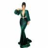 Arab Green Veet Evening Dres Women LG Sleeve Mermaid V-ringning Prom Dr Beaded Belt veckade stora formella OCN ROBE R8PW#