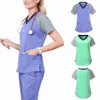 Summer Woman Patchwork Nursing Scrubs Tops T Shirt Working Uniforms Kort ärm Plus Size Top Women V-Neck Pocket Clothes Q358#