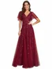 elegant Evening Dr Romantic Shimmery Deep V-Neck Ruffle Sleeves Ever Pretty of 2024 Burdy Gauze Sequin Maxi Lg Gowns N7xc#