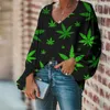 女性のブラウスかわいい緑の葉パターンシフォンブラウス2024年夏のブルザ女性カジュアルルーズロングスリーブトップVネックレディースシャツ