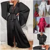 Kvinnors sömnkläder Kvinnor överdimensionerade Ice Silk Satin Women Robes Luxury Lace Long Batwing Sleeve Soft dstring midja V-ringning maxi pijama d dhwej