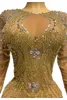 Femmes Sexy Stage Fling Gold Rhinestes Anniversaire Célébrer Soirée Club Costume Lg Manches Danse Photo Shoot Outfit e5cL #