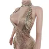 Discothèque Outfit Sexy Col V profond Paillettes Body pour les femmes Sparkly Rhinestes Justaucorps Costume de danse Stage Wear Performance h9UG #