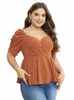 Orange Übergrößen-T-Shirts für Damen, V-Ausschnitt, gerafft, kurze Ärmel, hohe Taille, Pleplum-Backl, lässig, Club-Event-Tops, Bluse e47O #