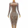 sexy Stage Sparkly Crystals Chain luxurious Dr Evening Party Costume Sier Rhinestes Brown Mesh Celebrate Photoshoot Dr 00Oi#