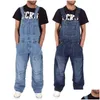 Mäns jeans herrar 2021 män en bit fl längd spännande byxor avslappnad lös bred ben smala ficka övergripande denim jumpsuits rippade dropp dhnjl